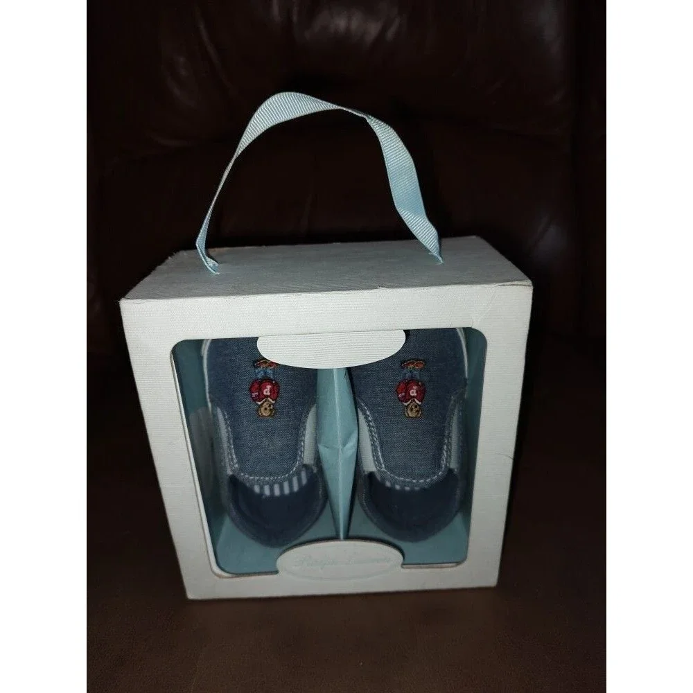 New in box Infant Baby Ralph Lauren Denim Carlee Bear Shoes US Sz 4 Length 13 cm